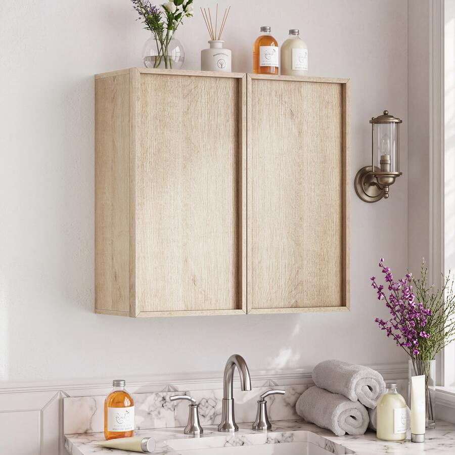 Wall-Mounted Bathroom Cabinet With A Double-Door, Handle-Free Design For Storing Medicines; A Suitable Storage Unit For Wall Mounting In Bathrooms, Toilets, And Hallways; Available With An Oak Wood-Effect Finish. - 1 - View 1