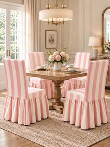 1/4/6pcs Rice Powder Striped Printed Milk Silk Skirt Chair Covers, Fashionable Polyester Thickened High Elasticity All Season Universal Chair Protector Covers Home Decor - Multicolor - View 5
