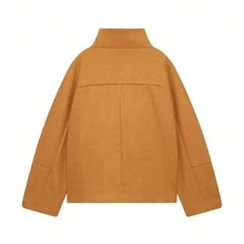 Women's Autumn/Winter Loose Funnel Neck Coat, Button Detail Design, Dropped Shoulder Long Sleeve, Regular Length Casual Jacket - Khaki - View 2