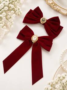 2pcs Vintage Velvet Bow Spring Hair Clips Women Autumn Winter Elegant Updo Ponytail Clips Premium Exquisite Hair Accessories - Multicolor - View 2