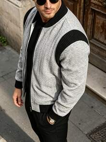Men's Spring/Autumn Ribbed Patchwork Textured Jacquard Baseball Collar Zip-Up Sweatshirt, Casual Versatile - Grey - View 3