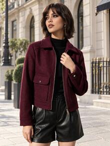 TRAFZA Women's Elegant Casual Tweed Jacket Wool Blend Coat, Warm & Loose Fit, Solid Color, Spring/Autumn - Burgundy - View 3