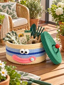 1pc Cartoon Smiling Face Cotton Rope Woven Storage Basket With Lid, Round Desktop Snack Toy Sundries Organizer Box, Living Room Bathroom Home Decor Gift Basket, Multiple Colors Available - Multicolor - View 5
