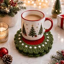 4 Pcs Handmade Crochet Christmas Coasters Set - Festive Wreath Drink Coasters With Bow For Coffee Mug, Heat Resistant Table Decor & Holiday Gift - ET Christmas Coaster - View 6