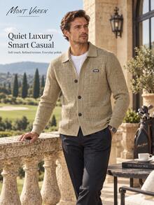 MONT VAREN Men's Collared Jacquard Knit Cardigan With Patch Pockets For Men - Khaki - View 9