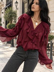 女士长袖雪纺衬衫，纽扣荷叶边下摆设计，优雅纯色长袖连衣裙衬衫，宽松休闲夏季度假上衣，波西米亚风宽松时尚衬衫，春季款 - 酒紅色 - 查看 8