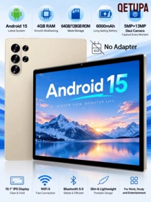 Qetupa 10.1 吋 HD IPS Android 15 平板電腦，4GB RAM 64GB/128GB 儲存空間，MTK8788 2.0GHz 八核心，5MP+13MP 相機，6000mAh 長效電池，2.4G&5G WiFi 5 BT5.2 GPS（不含適配器） - 金色 - 查看 1
