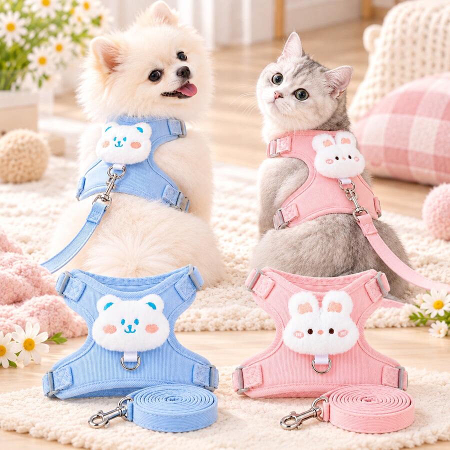 1pc Pet Cat And Puppy Harness Leash Set, Suitable For Kitten And Puppy Leash, Outdoor Cat And Puppy Leash, Comfortable And Breathable (Pink Rabbit & Blue Panda) - Multicolor - View 1