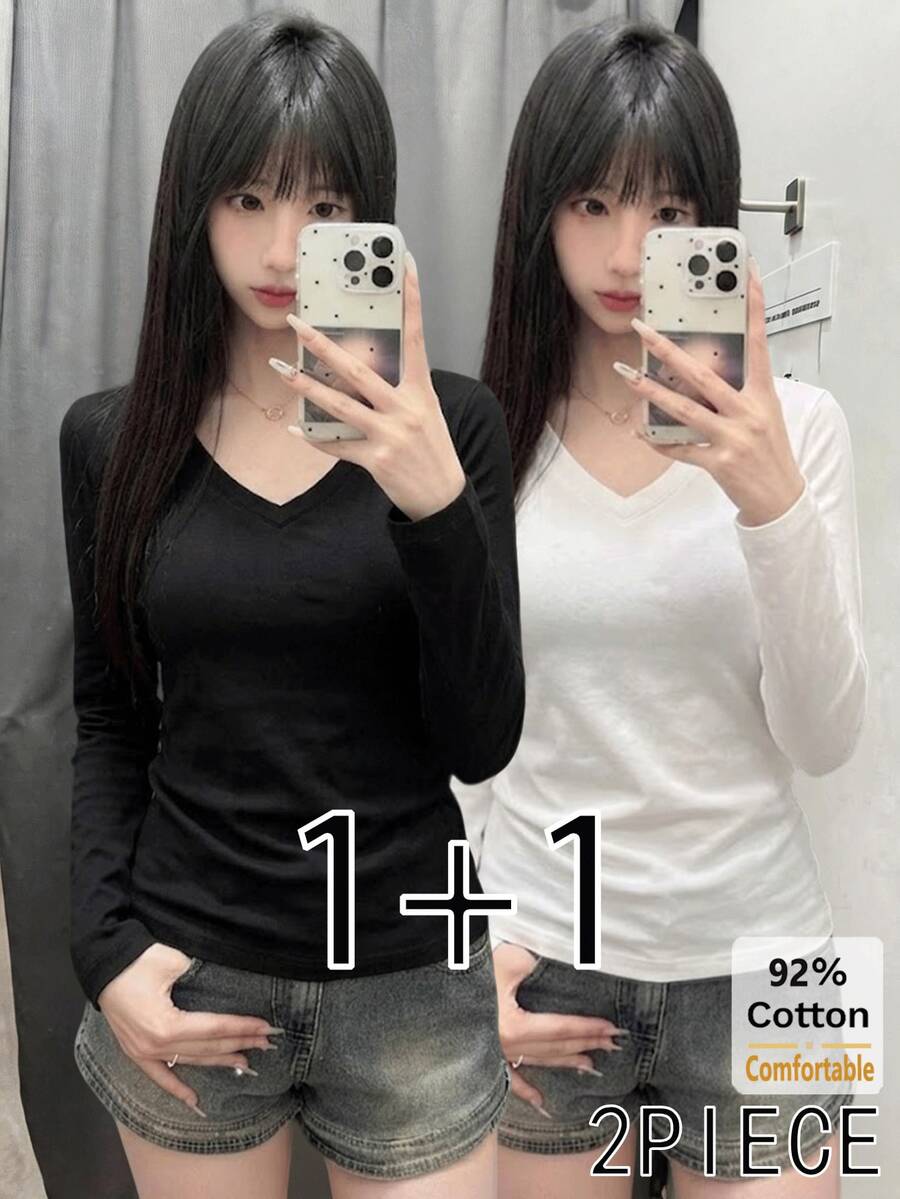 女款 2 件組 92% 棉 V 領修身長袖 T 恤,黑色 + 白色純色百搭舒適內搭上衣,秋冬休閒百搭修身上衣 - 黑色+白色 - 查看 1