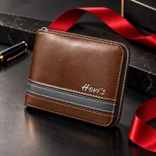 Dompet Pria Hovi's Warna Blok Motif Garis dengan Ritsleting Keliling, Dompet Lipat Retro Tahan Aus, Desain Kapasitas Besar dengan 4 Slot Kartu dan 2 Jendela ID - MultiWarna - View 6