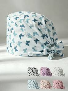 1pc Women's Foam Embroidered Butterfly Print Tie-Up Work Cap, Side Button Design Adjustable Head Wrap Hat, Breathable Dust-Proof Salon Kitchen Protective Cap - Foam Small Butterfly - View 10