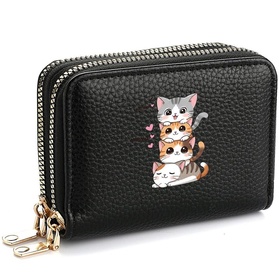 1pc Stacked Cartoon Cat Pattern Litchi Texture PU Leather Double Zipper Accordion Multi-Slot Compact Short Wallet Card Holder, Cute Girly Style, Suitable For Girls To Store Bank Cards And Coins - Multicolor - View 1