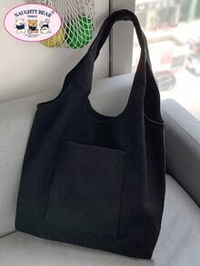 Women Simple Canvas Tote Bag, Open-Top Canvas Shoulder Bag, Handbag, Simple Briefcase Bag For Elementary/High School/College Students, Document Holder, Travel Bag - Black - View 2