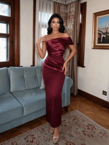 Women's Elegant One Shoulder Ruched Patchwork Bandage Dress - Burgundy - View 3