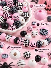 60pcs Pink Halloween Wooden Beads Handmade Craft Set - Soft Gothic Style Round Wooden Spacer Beads, Includes BOO Skull, Pumpkin, Spider Web Patterns, Comes With Elastic Cord, Suitable For DIY Bracelet Making, Layered Tray Wreath Decoration, Rustic Home Decor And Handicraft Creation. - Pink - View 7