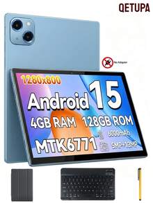 Qetupa 10.1 Inch Android 15 Tablet, 4GB RAM 64/128GB ROM, Quad-Core 1.8GHz Processor, HD 1280*800 IPS Touchscreen, 5MP Front &13MP Rear Camera, 6000mAh Battery, No SIM Card Support(No Adapter) - Blue With Keyboard - View 1