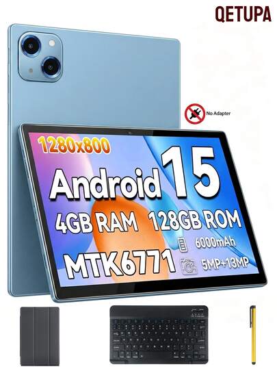 Qetupa Tableta Android 15 de 10.1 pulgadas, 4GB RAM 64/128GB ROM, procesador Quad-Core de 1.8GHz, pantalla táctil IPS HD 1280*800, cámara frontal de 5MP y trasera de 13MP, batería de 6000mAh, sin soporte para tarjeta SIM (sin adaptador)