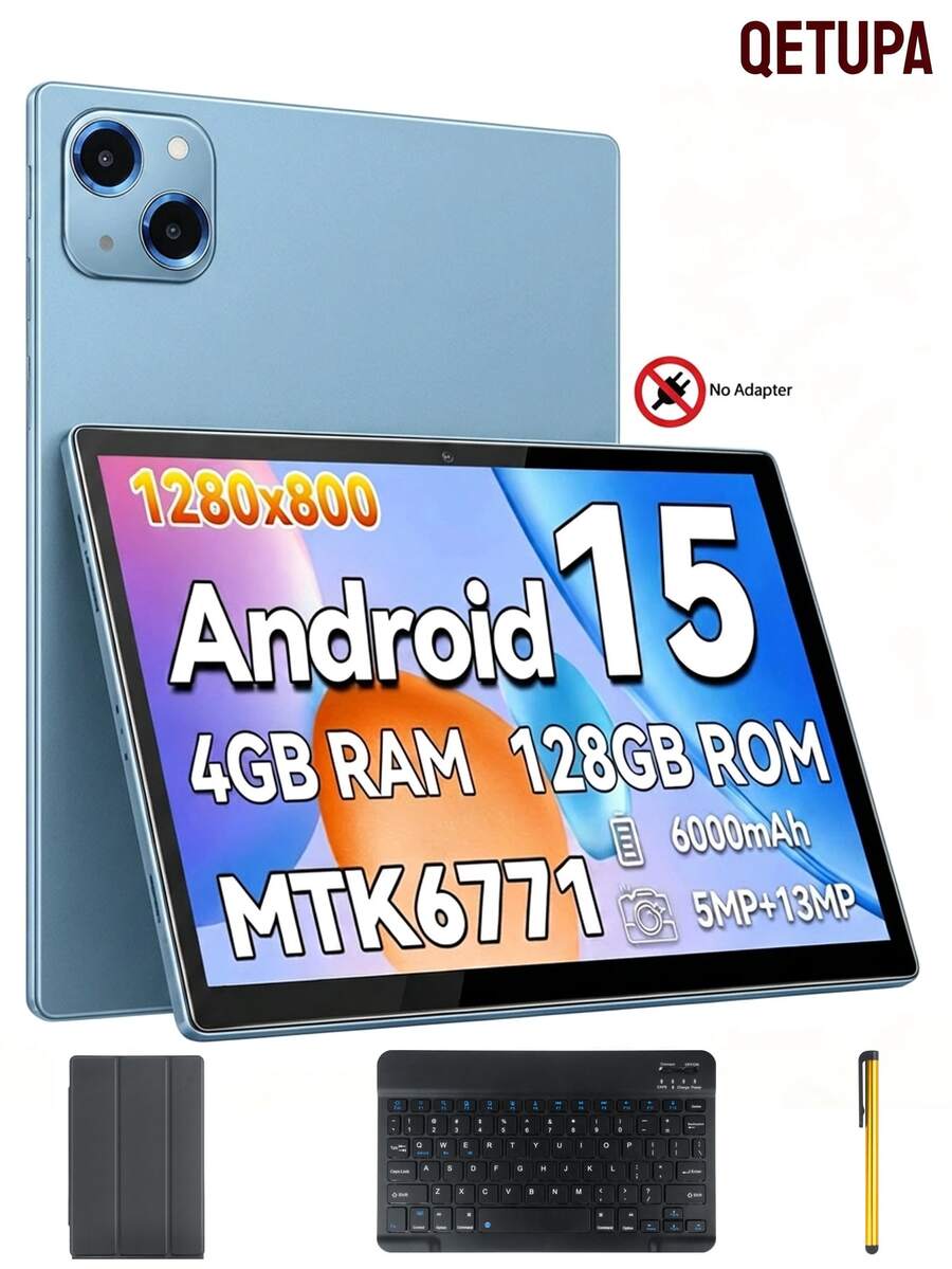 Qetupa 10.1 Inch Android 15 Tablet, 4GB RAM 64/128GB ROM, Quad-Core 1.8GHz Processor, HD 1280*800 IPS Touchscreen, 5MP Front &13MP Rear Camera, 6000mAh Battery, No SIM Card Support(No Adapter) - Blue With Keyboard - View 1