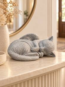 1pc Gray Sleeping Angel Cat Figurine, Cute Winged Cat Memorial Statue, Peaceful Pet Remembrance Tabletop Ornament For Living Room Bedroom Bookshelf Desk Shelf, Sympathy Gift For Cat Lovers & Pet Loss Memorial Decor - New - View 4