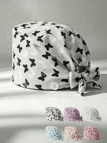 1pc Women's Foam Embroidered Butterfly Print Tie-Up Work Cap, Side Button Design Adjustable Head Wrap Hat, Breathable Dust-Proof Salon Kitchen Protective Cap - Foam Small Butterfly - View 6