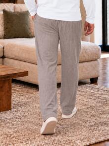 Plus Size Men's Long Lounge Pants, Brown Faux Waffle Print, Comfortable Casual Home Pants, Elastic Waist Drawstring Lounge Pants - Multicolor - View 4