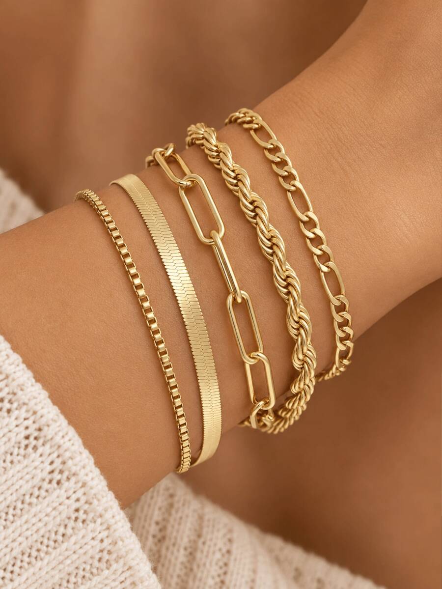 5pcs Punk Metal Chunky Chain Multi-Layer Bracelet Set, Suitable For Women's Daily, Beach, Vacation And Party Wear - Yellow Gold - View 1