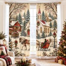 2pcs Vintage Winter Snow Scene Cabin Print Decorative Curtains, Rod Pocket Design, Easy Installation & Removable, Polyester Material, Suitable For Cozy Rustic Farmhouse Bedroom, Living Room, Retro Christmas Home Decor - Multicolor - View 1