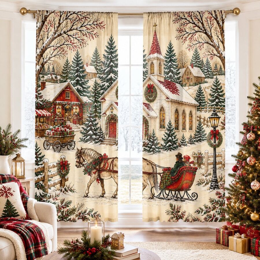 2pcs Vintage Winter Snow Scene Cabin Print Decorative Curtains, Rod Pocket Design, Easy Installation & Removable, Polyester Material, Suitable For Cozy Rustic Farmhouse Bedroom, Living Room, Retro Christmas Home Decor - Multicolor - View 1