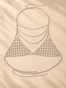 1pc Silver Rhinestone Chest Chain & Waist Chain Set For Women, Sparkling Tassel Body Chain Jewelry Accessory For Party, Nightclub, Stage Performance - Silver - View 4