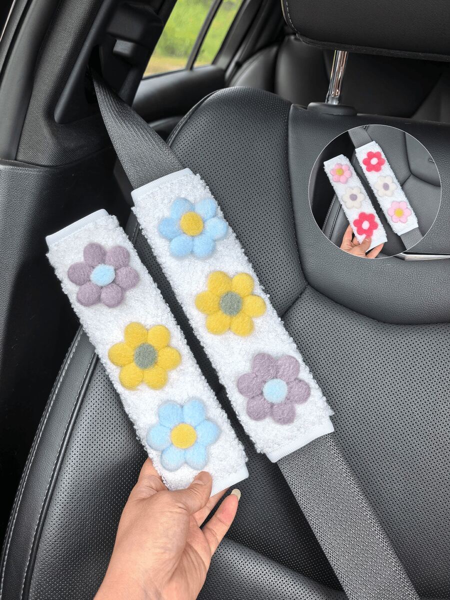 Soft Fluffy Plush Car Seat Belt Shoulder Cover, 3D Floral Applique Cute Seat Belt Shoulder Protector, Universal Cute Car Interior Decoration Accessory, Suitable For Women And Girls