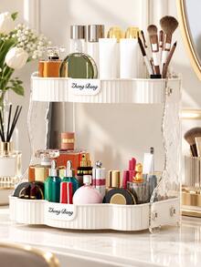 Double Layer Wavy Cosmetic Storage Rack, Light Luxury Cream Style Desktop Organizer, Large Capacity Vanity Skincare Perfume Storage Box, Can Hold Makeup Brushes Lipstick Face Cream, Bathroom Sink Cup Miscellaneous Multi-Functional Tiered Storage Tray - Multicolor - View 10