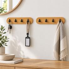 2pcs Bamboo & PP Wall-Mounted Hook Rack, Convenient Hanging Storage For Your Home. Each Rack Features 4 Black Hooks With Stopper Design To Prevent Rings And Straps From Slipping. Drill-Free Installation Allows You To Utilize Wall Space To Organize Keys, Hats, Small Towels And Lightweight Accessories; Natural Bamboo Backboard Adds A Warm Texture - View 2