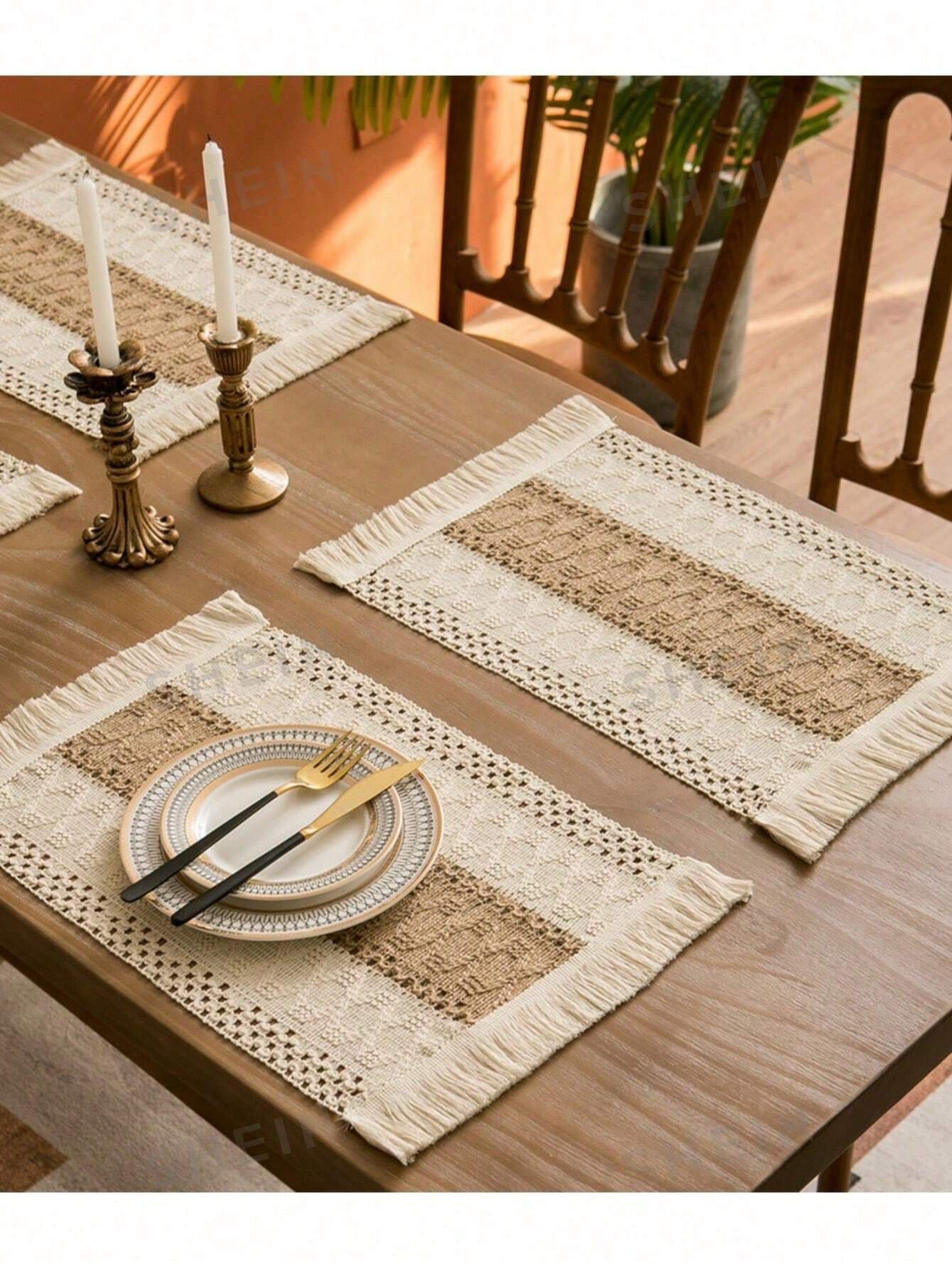 1/4/8 PCS Placemat Set 3 Pieces - 17.7 Inch X 11.8 Inch Woven Cotton Placemats, Suitable For Dining Table, Linen Material Placemats, Autumn Thanksgiving Dinner Use, Beige - Multicolor - View 1