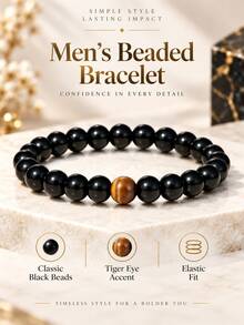 2Pcs 8mm Black Obsidian Tiger Eye Beaded Necklace Bracelet Set For Men Women, Unisex Natural Stone Bead Jewelry Set - Multicolor - View 5