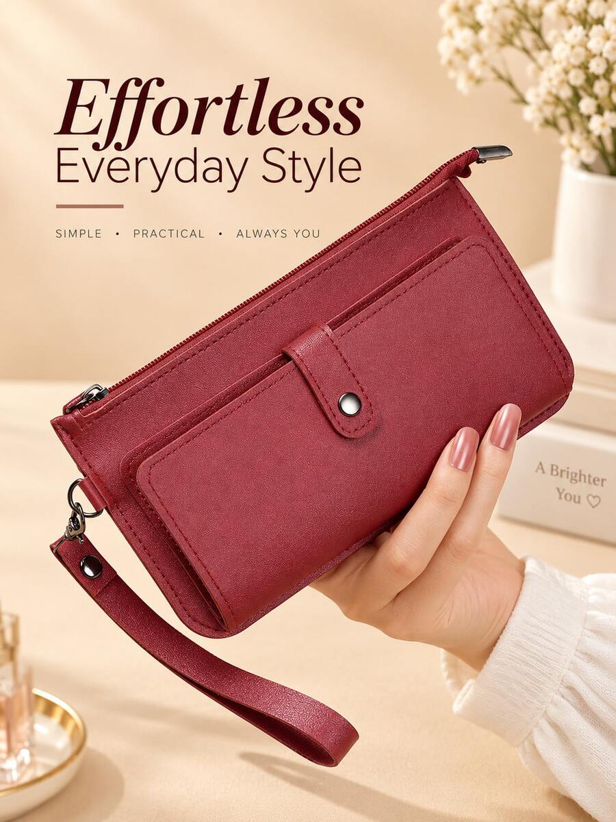 Fashionable Large Capacity Clutch, Credit Card Holder, Women's Casual Wallet And Wrist Strap, PU Leather Lightweight Phone Holder - Burgundy - View 1