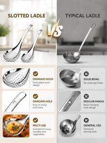 1/2Pcs Stainless Steel Slotted Spoon Set, Kitchen Strainer Ladle With Long Handle, Perforated Cooking Spoon For Soup, Pasta And Frying Food - Multicolor - View 5