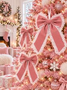 2pcs Pink Rhinestone Lace Bow Hanging Decorations, Large Christmas Tree Bow Decor With White Lace Trim, Holiday Wreath Embellishment, Staircase Garland Ribbon Bow, Gift Box Fireplace Window Holiday Home Party Decor, Winter Indoor Hanging Decoration - Multicolor - View 1