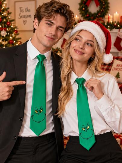 The Grinch Christmas Tie, Green Character Face Pattern Unisex Tie, Novel Holiday Party Costume Accessory, Suitable For Formal Shirts, Suits, Office Events, Holiday Gatherings And Christmas Celebrations, Perfect Holiday Gift For Fans And Adults