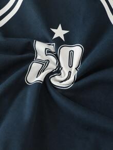 2pcs Navy Blue Drop Shoulder Crew Neck Sweatshirt + Side 3 White Vertical Stripes Wide Leg Long Pants, Star 58 Number Print Vintage Boys Sports Set - Blue - View 7
