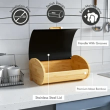 1pc Bamboo Wood Flip-Top Bread Storage Box, Curved Roll Lid With Wooden Handle Design, Dustproof Bread Bin, Kitchen Counter Storage Box, For Bread Storage And Food Organization On Kitchen Counter - Multicolor - View 7