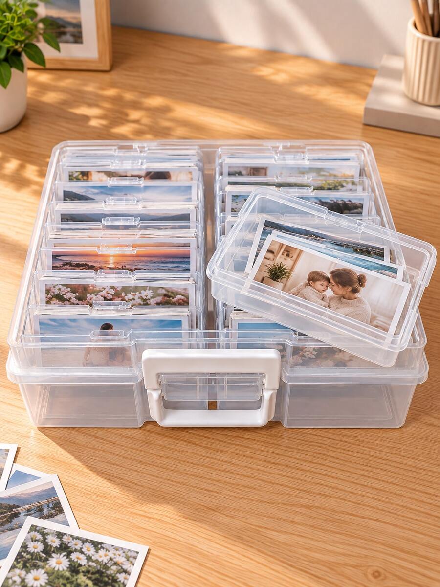 Transparent Photo Storage Organizer Box With Handle, Portable Compartment Photo Storage Box, Home Organization Use - Transparent - View 1