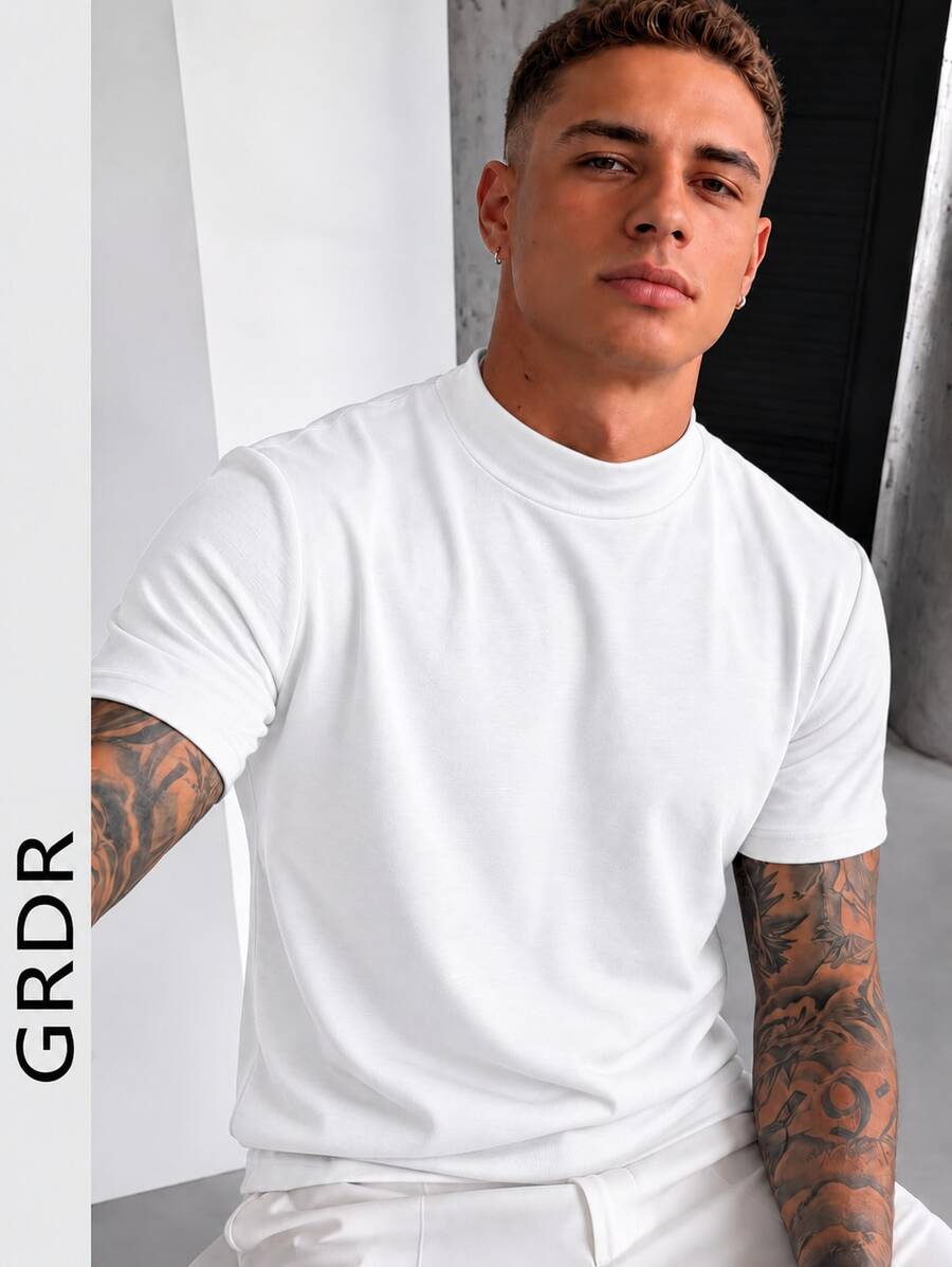Men's Fashionable Half-Turtleneck Short Sleeve T-Shirt, Suitable For Summer