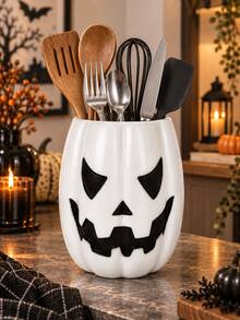 1pc/2pcs Halloween Jack-O'-Lantern Utensil Holder, Pumpkin Face Kitchen Counter Storage Crock, Orange & White 2 Colors, Spooky Tabletop Cutlery Container, Fall Harvest Kitchen Home Decor, Utensils Not Included - Pumpkin Storage - View 12