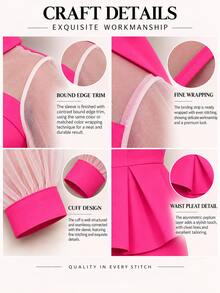 Plus Size 2 Pieces Outfit Lapel Collar Sheer Mesh Puff Long Sleeve Peplum Top And High Waist Wide Leg Pants Business Church Office Work Fall Suit - Hot Pink - View 3