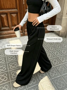 Women's High Waist Ruched Wide Leg Pants, Loose Flowy Casual Long Pants, Elastic Waist Palace Style Wide Leg Pants - Black - View 4