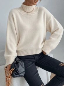 Women's High Neck Drop Shoulder Knit Sweater, Loose Fit Solid Color Basic Casual Pullover Top, Suitable For Weekend Gatherings And Daily Occasions - White - View 5