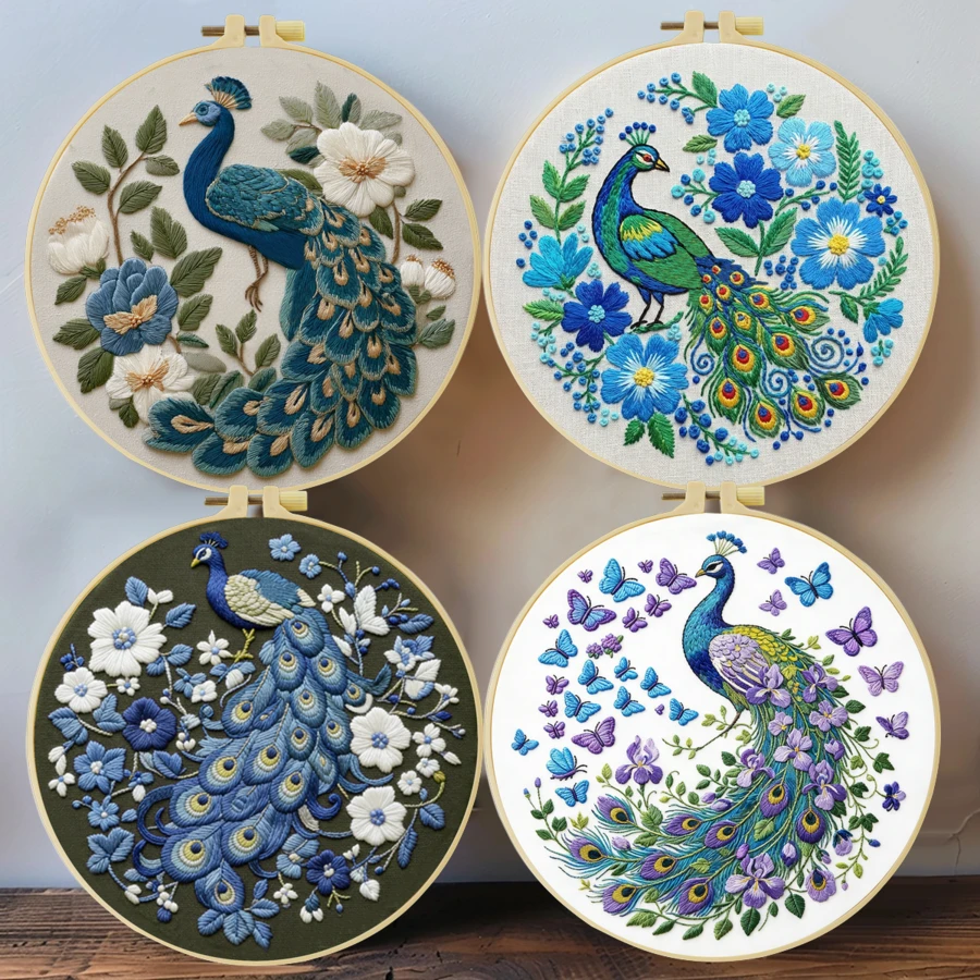 1PC 20*20cm/7.9*7.9in,The Beautiful Peacock Embroidery Kit, DIY Handmade Embroidery Set For Adult Beginners, Home Gift, Women's Sewing Gift, Including User Manual, Printed Pattern Fabric, Embroidery Frame, Needle And Thread.