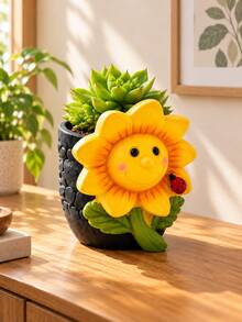Cute Sunflower Face Planter Pot With Ladybug, Decorative Succulent Plant Pot, Smiling Flower Plant Container For Indoor Home Garden, Desktop, Window Sill & Shelf Decor - A - View 4