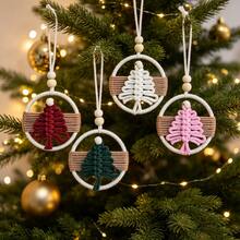 Bohemian Style Handwoven Christmas Ornaments - Festive Hanging Decorations For Christmas Trees - Unique Handmade Holiday Gifts Available In Green, Red, Pink, And White - Khaki - View 1