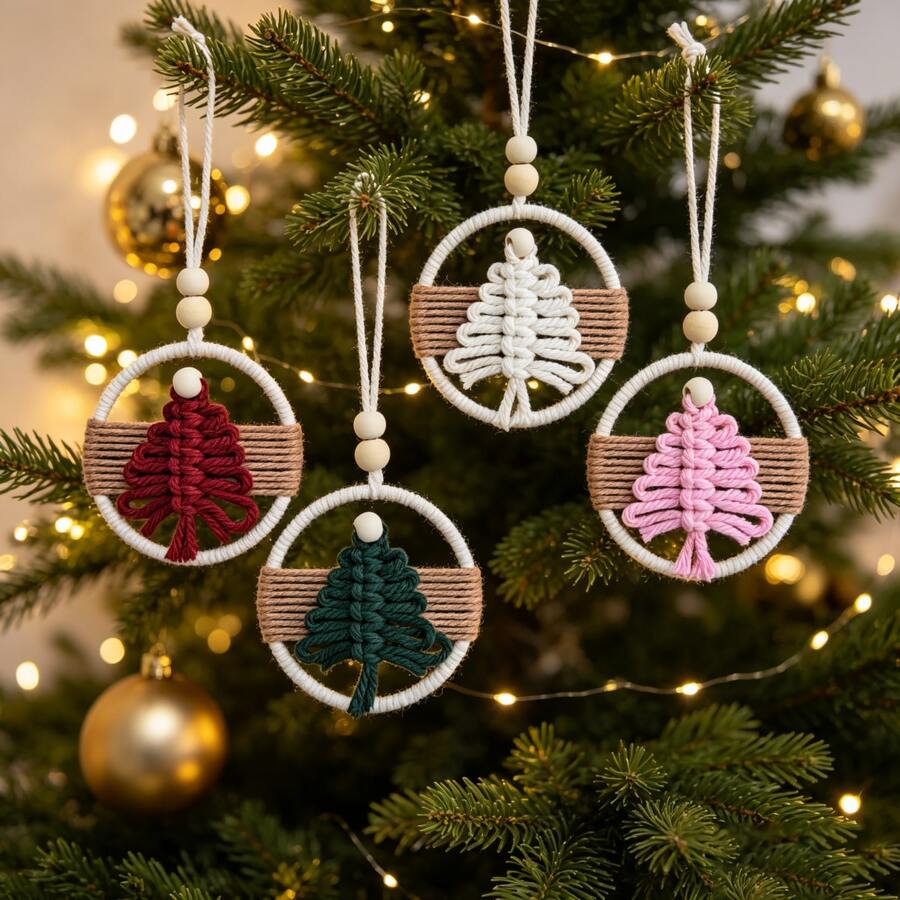 Bohemian Style Handwoven Christmas Ornaments - Festive Hanging Decorations For Christmas Trees - Unique Handmade Holiday Gifts Available In Green, Red, Pink, And White - Khaki - View 1